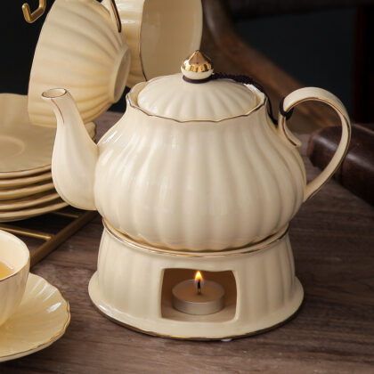 British Handle Ceramic Glass Teapot with Candle Heating Base Set