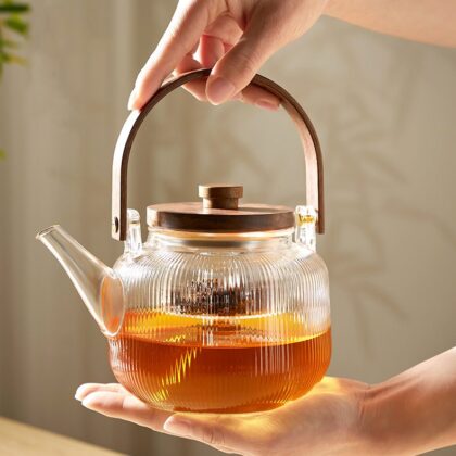 Transparent Glass Tea Pot with Wooden Handle